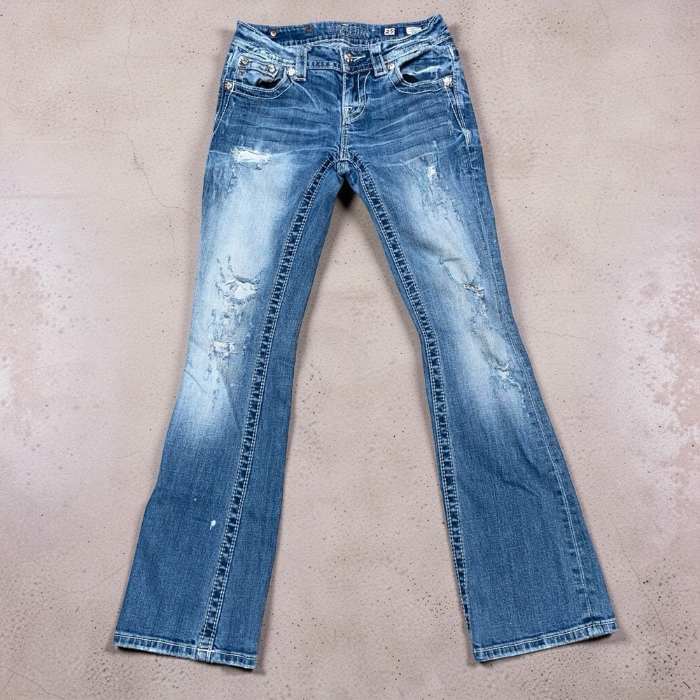 Miss Me Womens Low Rise Bootcut Jeans JE8412BR Distressed Blue 25 Fits 26x30